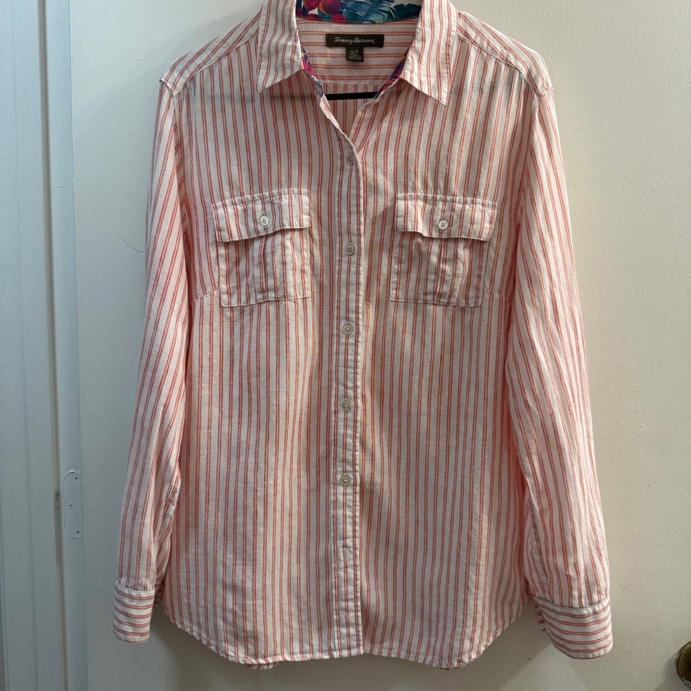 Tommy Bahama Pink Striped 100% Linen Button Down Shirt Small Petite SP - Picture 3 of 11